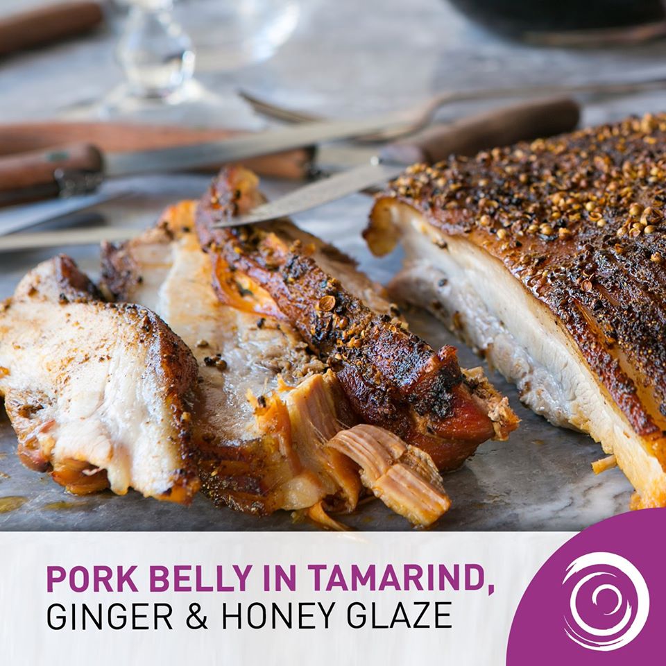 Image may contain: food, possible text that says 'PORK BELLY IN TAMARIND, GINGER & HONEY GLAZE'
