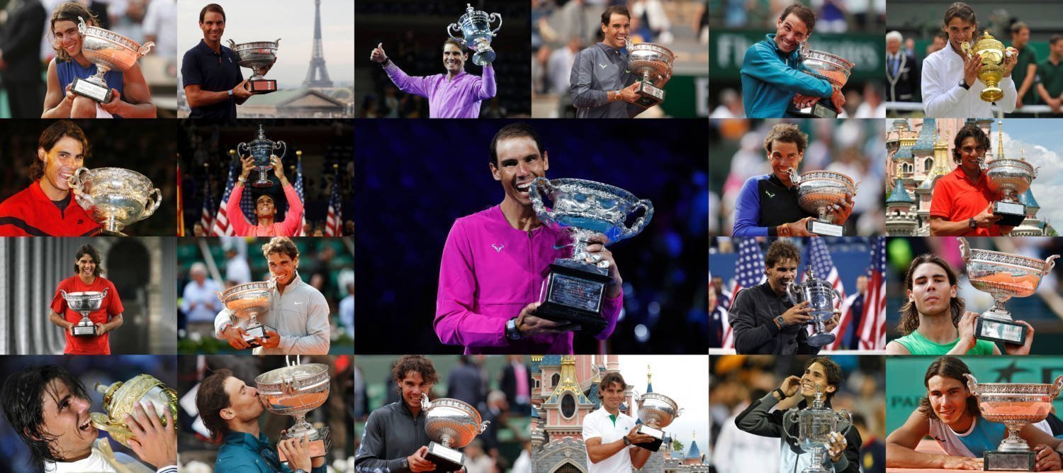 Rafael Nadal With His 21 Grand Slam Title Trophies