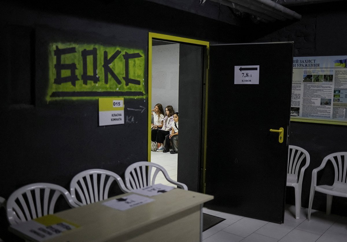 Schoolchildren Visit A Shelter During An Evacuation Training, On Their First Day Of School In Bucha