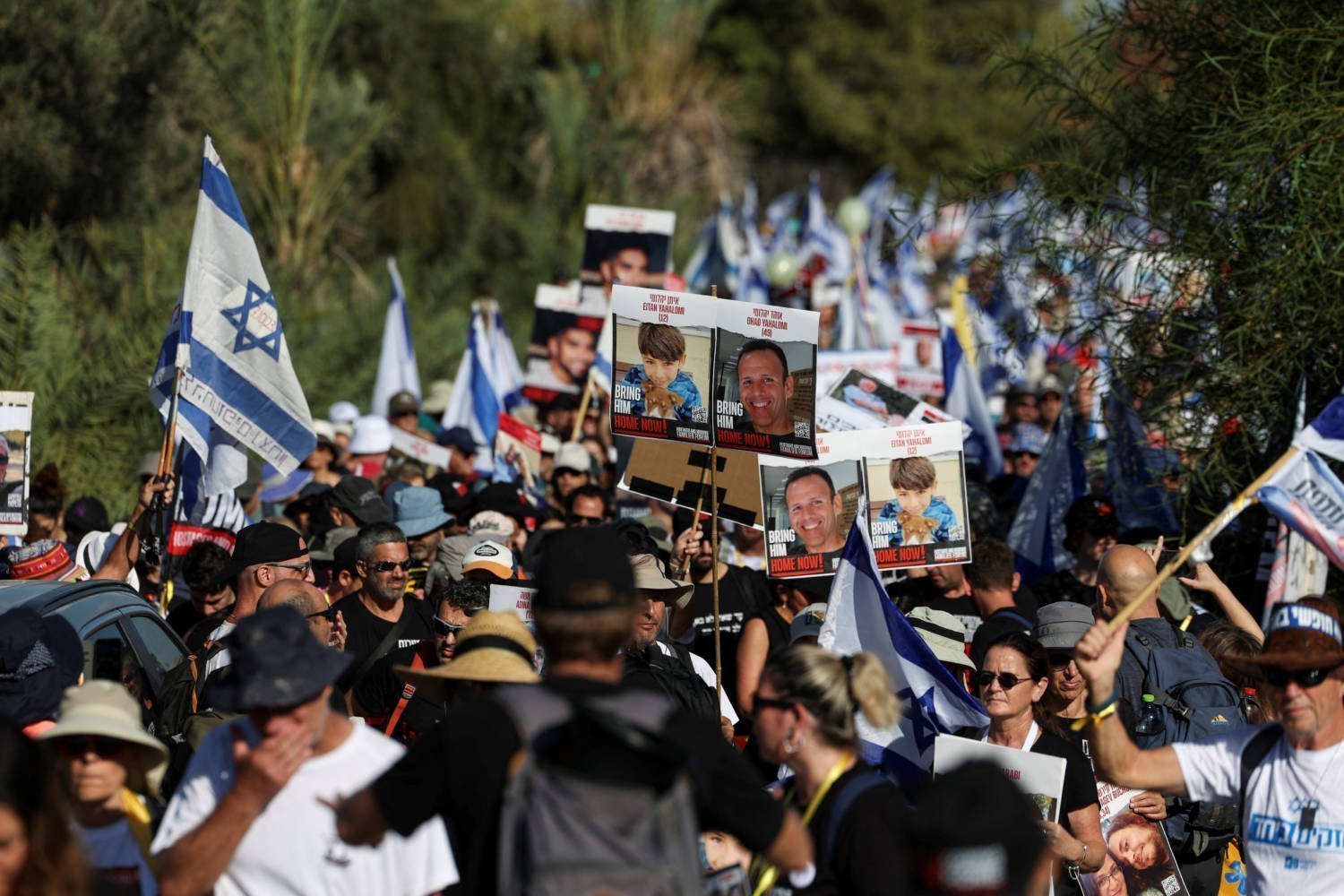 Family Members, Friends And Supporters Of Israelis And Other Nationalities Who Were Taken Hostage On October 7 By Palestinian Islamist Group Hamas Gunmen During A Deadly Attack, March Towards Jerusalem, In Latrun