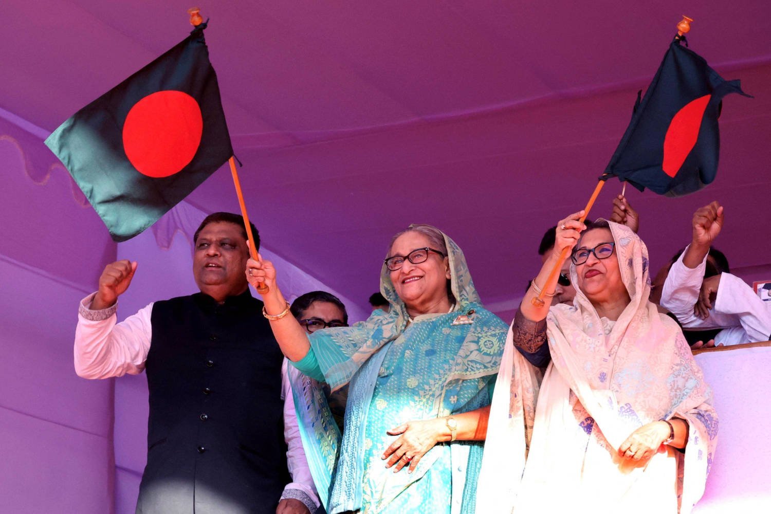 Bangladesh's Prime Minister Hasina Waves Bangladeshi Flag As She Kicks Off Election Campaign In Sylhet