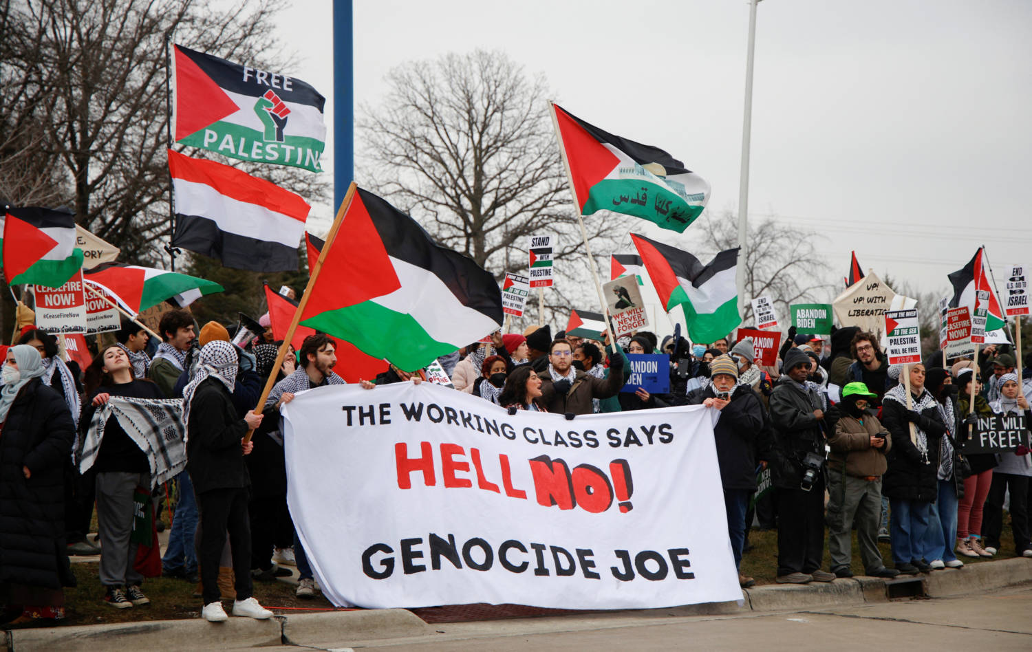 Protestors Rally For A Cease Fire In Gaza Outside A Uaw Union Hall During A Visit By U.s. President Joe Biden