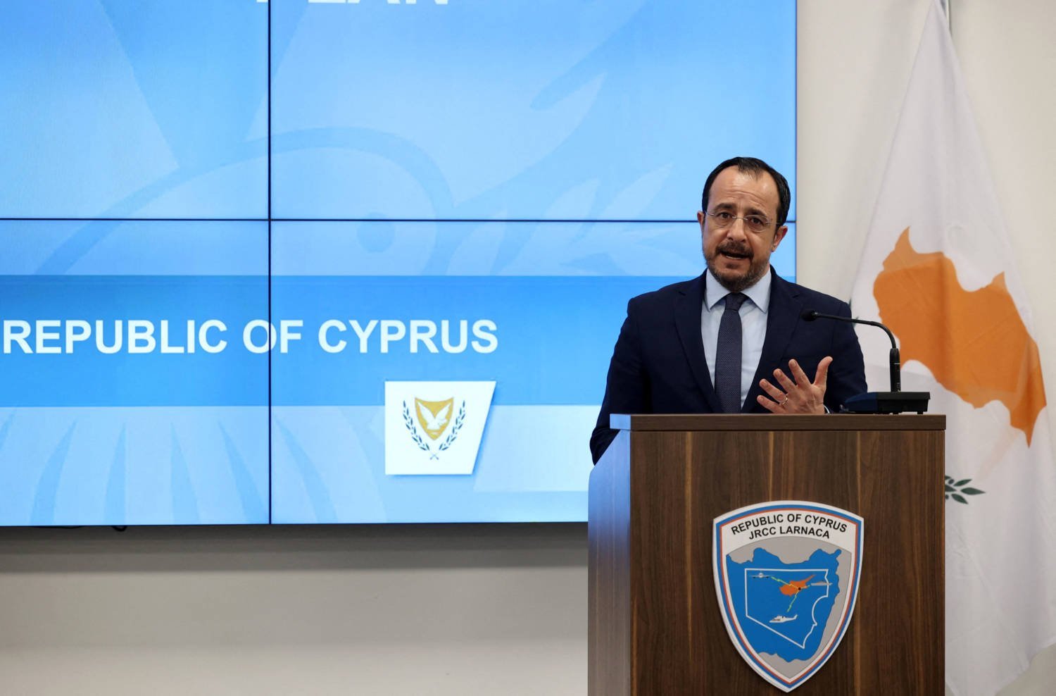 Cyprus President Nikos Christodoulides Speaks During A Press Conference With European Parliament President Roberta Metsola At The Zenon Joint Rescue Coordination Center In Larnaca