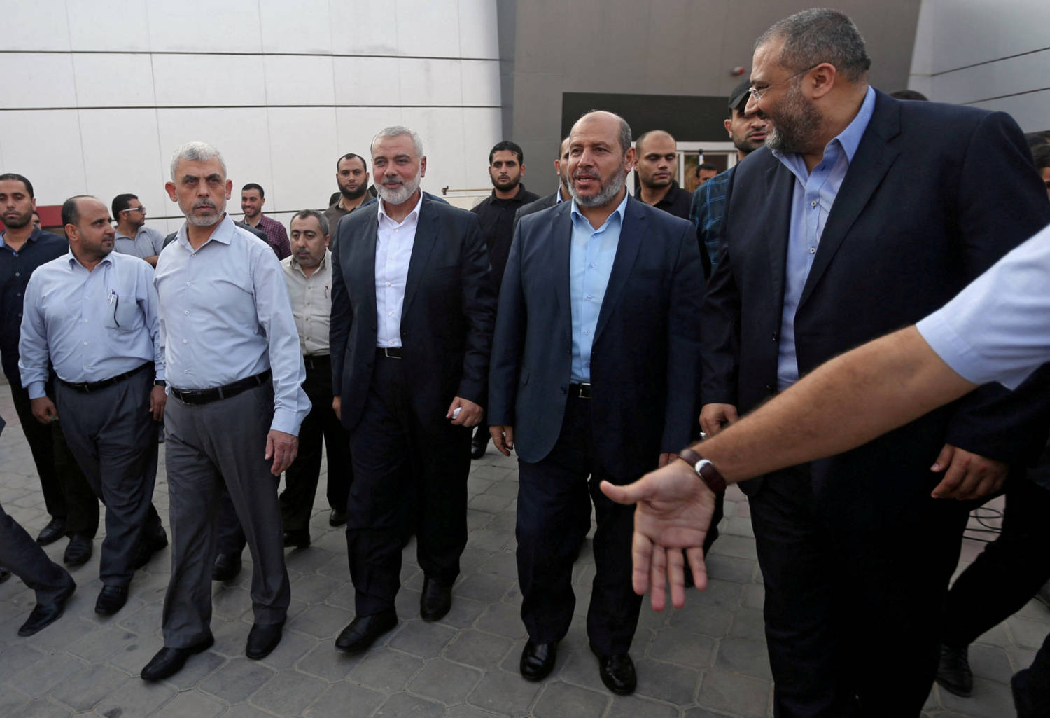 File Photo: Hamas Gaza Chief Yahya Al Sinwar, Hamas Chief Ismail Haniyeh And Senior Hamas Leader Khalil Al Hayya Arrive At The Rafah Border Crossing In The Southern Gaza Strip