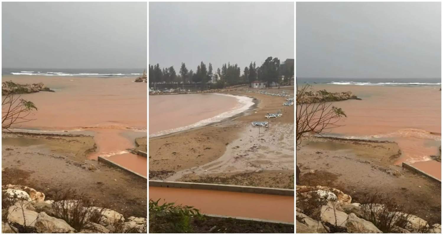 Sea Turns Red At Agia Triada Beach In Paralimni Due To Storm Byron (video)